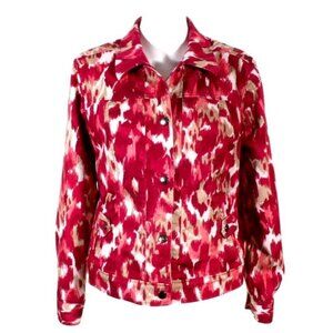 Christopher Banks Women Jacket Size M Stretch Denim Red Multi Snaps Camo